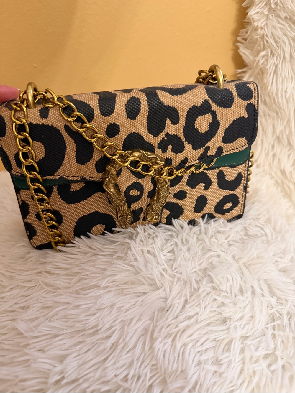 Leopard Print Crossbody Bag with Gold Chain in Tan, Black & Green Trim